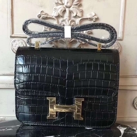 Copy Hermes Black Constance MM 24cm Crocodile Bag HMS5B6SW5AC
