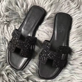 High Quality Hermes Oran Sandals In Black Suede With Black Crystal HMSWK67B3OL