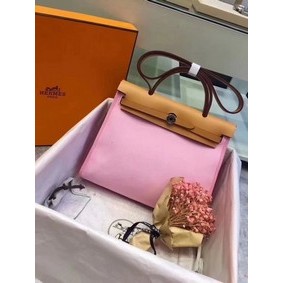 Copy Hermes Herbag 31CM Original Canvas Leather & Calfskin 45987 Pink&Apricot HMSTSGN3G1M