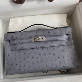 Hermes Kelly Pochette Handmade Bag In Gris Agate Ostrich Leather HMSR3D1I1U3