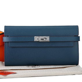 Hermes Kelly Original Saffiano Leather Bi-Fold Wallet A708 Dark Blue Replica HMSYLULM5M1