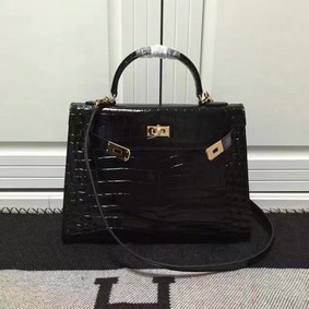 Imitation Hermes Kelly 28cm Shoulder Bag Croco Leather K28 Black HMS107NDS66