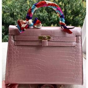 Imitation Hermes Kelly 32cm Shoulder Bag Pink Croco Leather K32CL Gold HMSR76R04H5