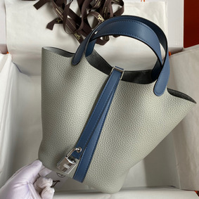 Hermes Picotin Lock 18 Bicolor Handmade Bag in Gris Mouette and Blue Agate Swift Leather Top Replica HMSE35W2ZFD