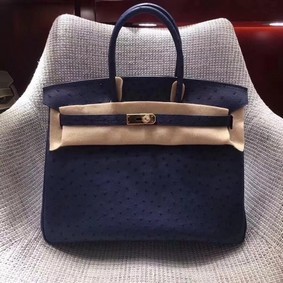 Fake Hermes Real ostrich leather birkin bag BK35 dark blue HMSDB0833D0