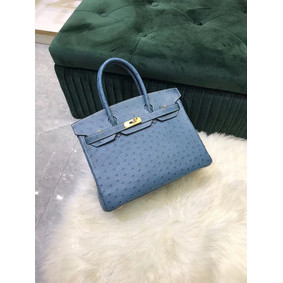 Copy Hermes Birkin Bag Original Leather Ostrich skin HBK2530 Blue HMSO040C3QF