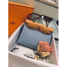 Hermes Herbag 31CM Original Canvas Leather & Calfskin 45987 light blue Blue&brown 1:1 Replica HMSA29I14Y9