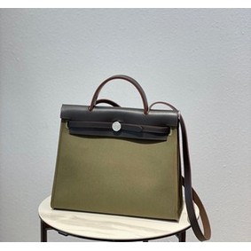 Hermes Herbag 31CM Original Canvas Leather & Calfskin 48887 green&brown Top Replica HMSSW2ZQHSC
