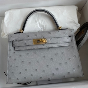 Imitation Hermes Kelly Mini II Sellier Handmade Bag In Bleu Glacier Ostrich Leather HMSA274XWOK