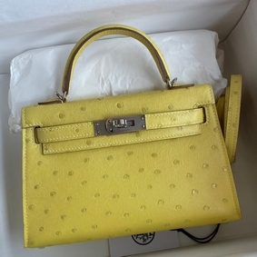 Hermes Kelly Mini II Sellier Handmade Bag In Lime Ostrich Leather 1:1 Replica HMS841957WI