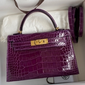 Hermes Kelly Mini II Sellier Handmade Bag In Purple Shiny Alligator Leather Replica HMSPF71Q20B