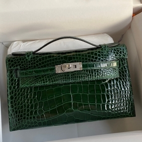 Replica Hermes Kelly Pochette Handmade Bag In Vert Fonce Shiny Alligator Leather HMS49818QN8