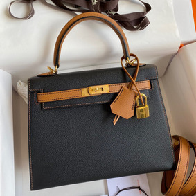 Hermes Kelly Sellier 25 Bicolor Bag in Black and Gold Epsom Calfskin Top Replica HMSY775TF8A