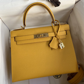 Hermes Kelly Sellier 28 Handmade Bag In Jaune Ambre Epsom Calfskin Top Replica HMSTE117JW1