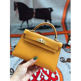 Hermes original mini Kelly chevre mysore K19CM Mango yellow&Gold Metal Top Replica HMS3467BBMG