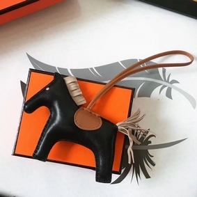 Copy Hermes Rodeo Horse Bag Charm In Black/Camarel/Grey Leather HMSE40DMQSA