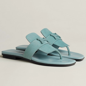 Fake Hermes Galerie Sandals In Vert D'eau Suede Leather HMSFJ20FLRC