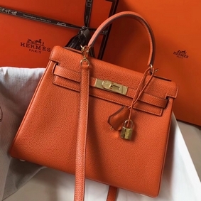 Replica Hermes Kelly 28cm Bag In Orange Clemence Leather GHW HMS3C80DP9J