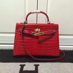 Hermes Kelly 28cm Shoulder Bag Croco Leather K28 Red Replica HMSBY5TFZY4