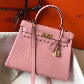 Imitation Hermes Kelly 32cm Bag In Pink Clemence Leather GHW HMSLTRY64L6