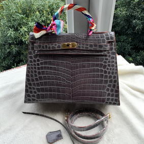 Hermes Kelly 32cm Shoulder Bag Croco Leather K32CO Grey Top Replica HMS0I65WTFK