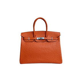 Hermes Kelly 35cm Handle Bag Orange Ostrich Leather Silver Top Replica HMS84KJA2L3