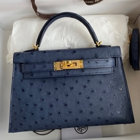 Cheap Hermes Kelly Mini II Sellier Handmade Bag In Blue Iris Ostrich Leather HMSOJQ1U52E