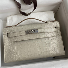 Copy Hermes Kelly Pochette Handmade Bag In Beton Matte Alligator Leather HMS4QSSANH2