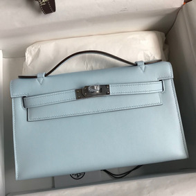 Hermes Kelly Pochette Handmade Bag In Blue Brume Swift Calfskin Replica HMSI2MI1S0W