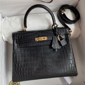 Hermes Kelly Sellier 25 Handmade Bag In Black Crocodile Niloticus Matte Skin HMS6S5O8NND