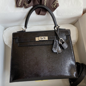 Hermes Kelly Sellier 25 Handmade Bag In Black Lizard Leather Top Replica HMSE1Z866K9