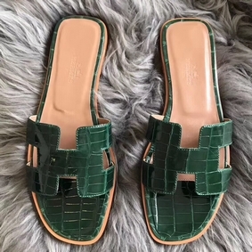 Hermes Oran Sandals In Green Shiny Niloticus Crocodile 1:1 Replica HMS3D73213R