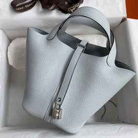 Hermes Picotin Lock 18 Handmade Bag in Blue Brume Clemence Leather Top Replica HMS8C74WZ2C