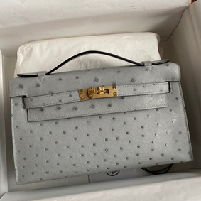 Hermes Kelly Pochette Handmade Bag In Blue Glacier Ostrich Leather HMSN1OAL1LM