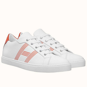 Best Quality Hermes Men's Avantage Sneakers In White/Orange Calfskin HMSI54NR51L