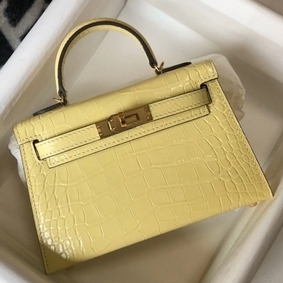 Hermes Kelly Mini II Bag In Jaune Poussin Embossed Crocodile Leather Replica HMSGD7MVZTD