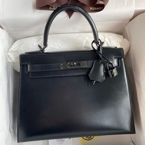 Replica Hermes Kelly Sellier 28 Handmade Bag In Black Box Calfskin HMS07W03KYV