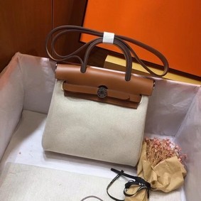 Fake Hermes mini Herbag Original Canvas Leather & Calfskin 45987 Offwhite&brown HMS2HL0PQ2S