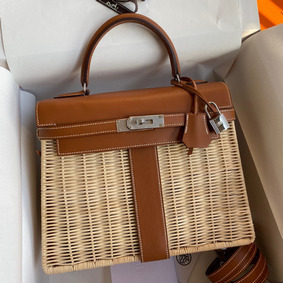 Copy Hermes Picnic Kelly 28cm Bag in Wicker with Barenia Leather HMSPDEYLJO3