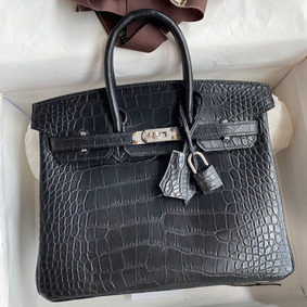 Hermes Birkin 25 Bag In Black Matte Alligator Crocodile Skin Top Replica HMS9KW11973