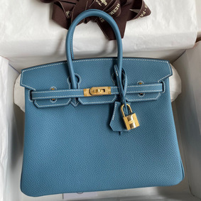 Fake Hermes Birkin 25 Handmade Bag In Blue Jean Clemence Leather HMSGQ692WI5