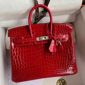Copy Hermes Birkin 25 Handmade Bag In Red Crocodile Porosus Shiny Skin HMSTGQ3B15J