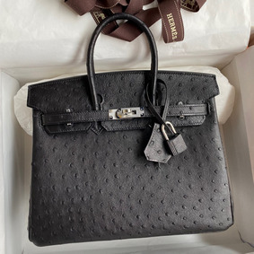 Copy Hermes Birkin 25 Retourne Handmade Bag In Black Ostrich Leather HMSI2KITJ9O
