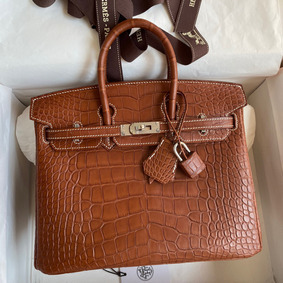 Hermes Birkin 25 Retourne Handmade Bag In Gold Matte Alligator Leather Top Replica HMSSI6R334E