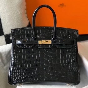Hermes Birkin 25cm Bag In Black Embossed Crocodile Leather Replica HMS32884E73