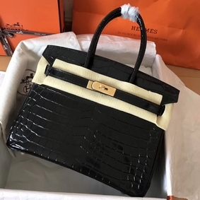 Hermes Birkin 30 Bag In Black Crocodile Porosus Shiny Skin 1:1 Replica HMSOXAAB2BE