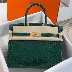 Hermes Birkin 30 Bag In Green Crocodile Porosus Shiny Skin Replica HMSU9319H37