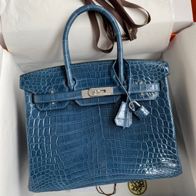 Hermes Birkin 30 Handmade Bag In Blue Tempete Crocodile Niloticus Shiny Skin 1:1 Replica HMSE4P61YB9