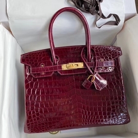 High Quality Hermes Birkin 30 Handmade Bag In Bordeaux Crocodile Niloticus Shiny HMSOKNC45M2