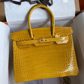 Hermes Birkin 30 Handmade Bag In Jaune Ambre Crocodile Niloticus Shiny Skin HMSGBRXLZSK